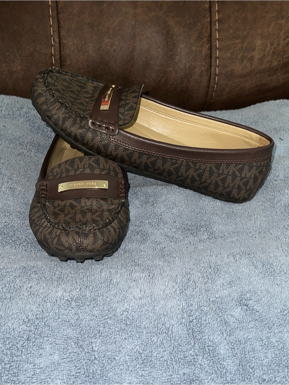 Michael Kors Brown Logo Driving Loafers with Gold Plaque